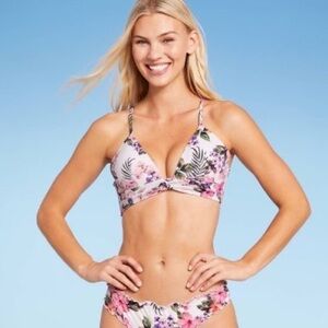 NWOT Lightly Lined Twist-Front Plunge Bikini Top - White Tropical Print - 36B